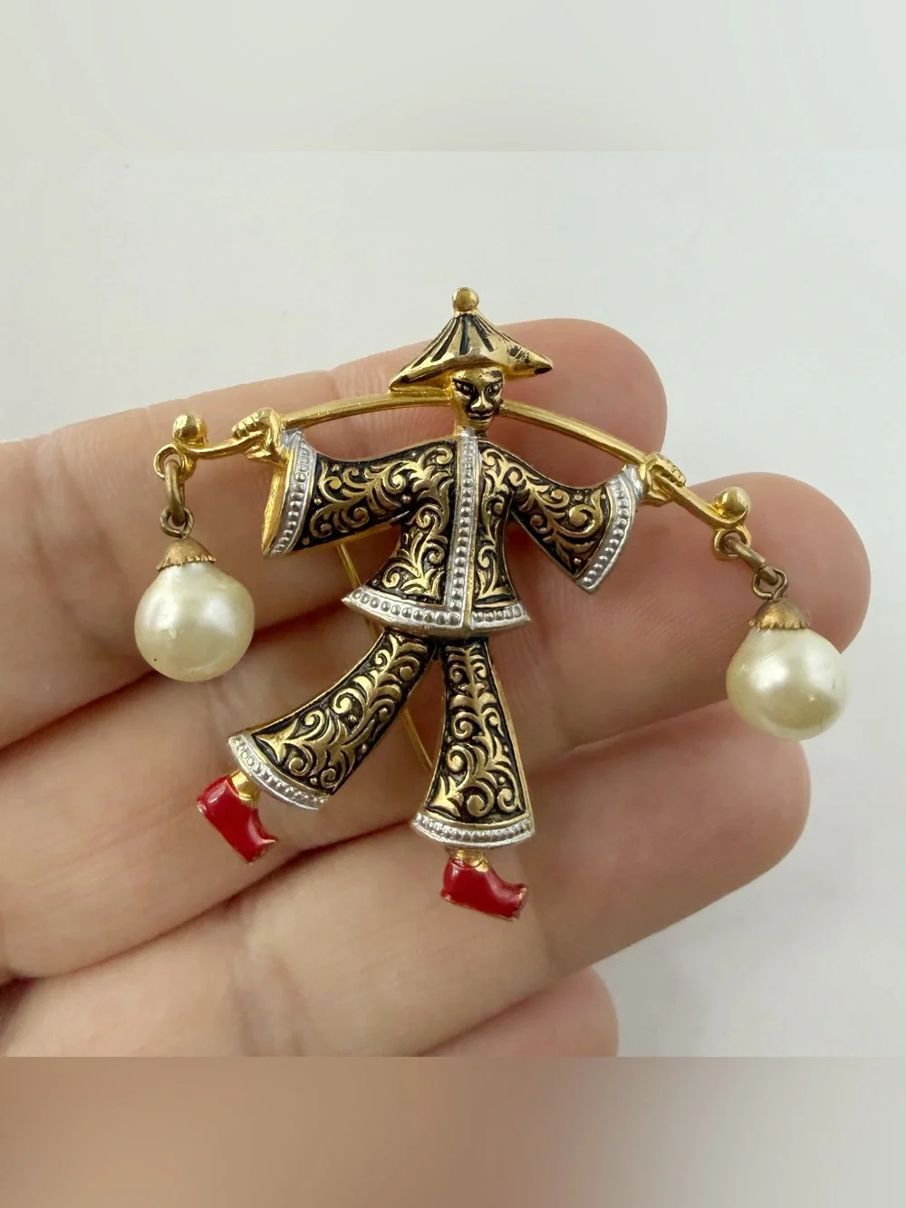 Vintage Toledo Damascene Spain Figural Asian Water Carrier Man Faux Pearl Brooch